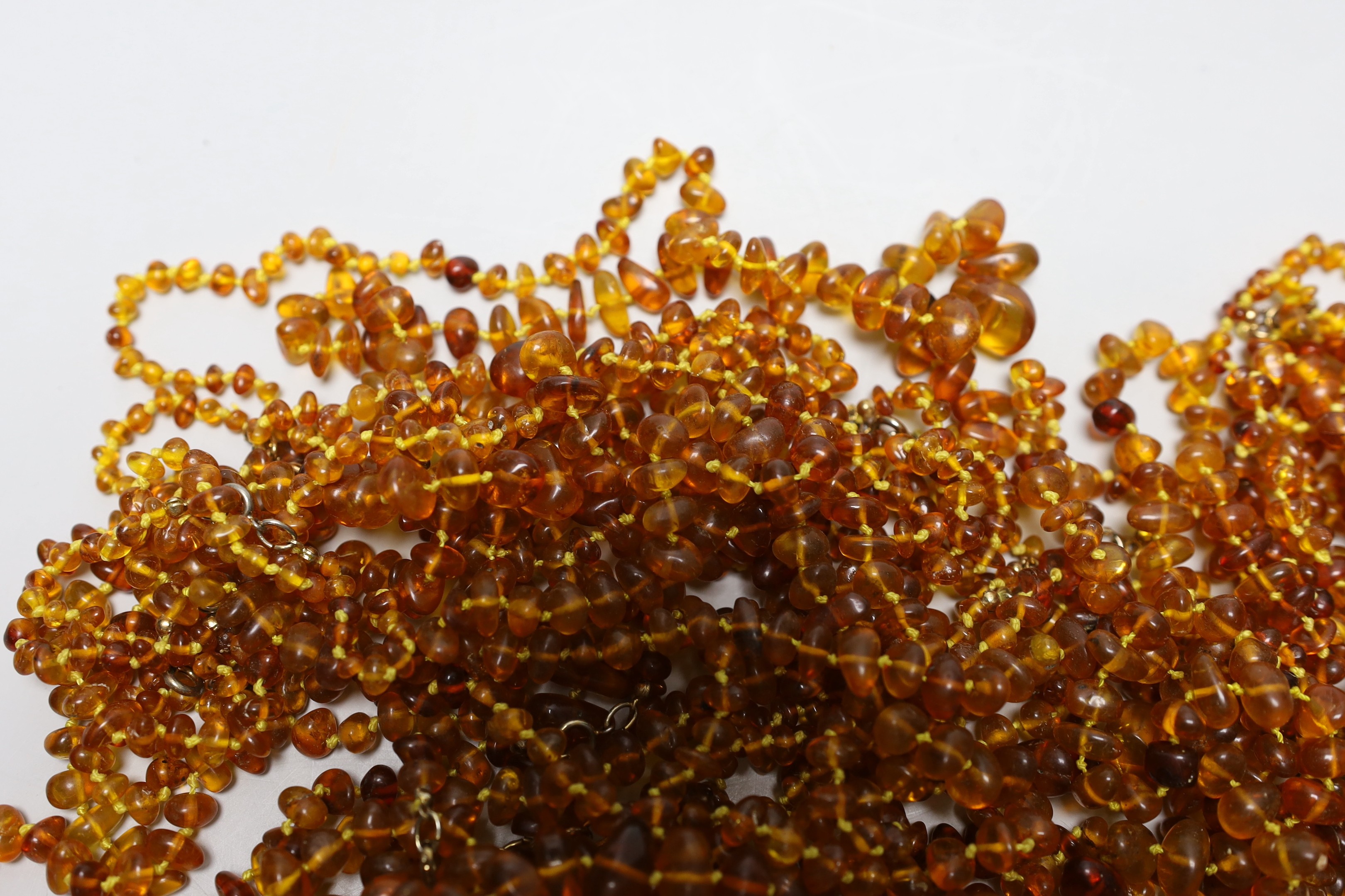A collection of amber necklaces.